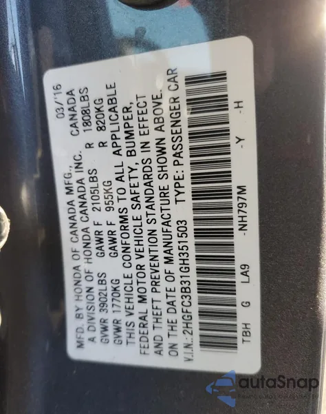 2016 Honda Civic Ex из США, поврежденный, VIN 2HGFC3B31GH351503